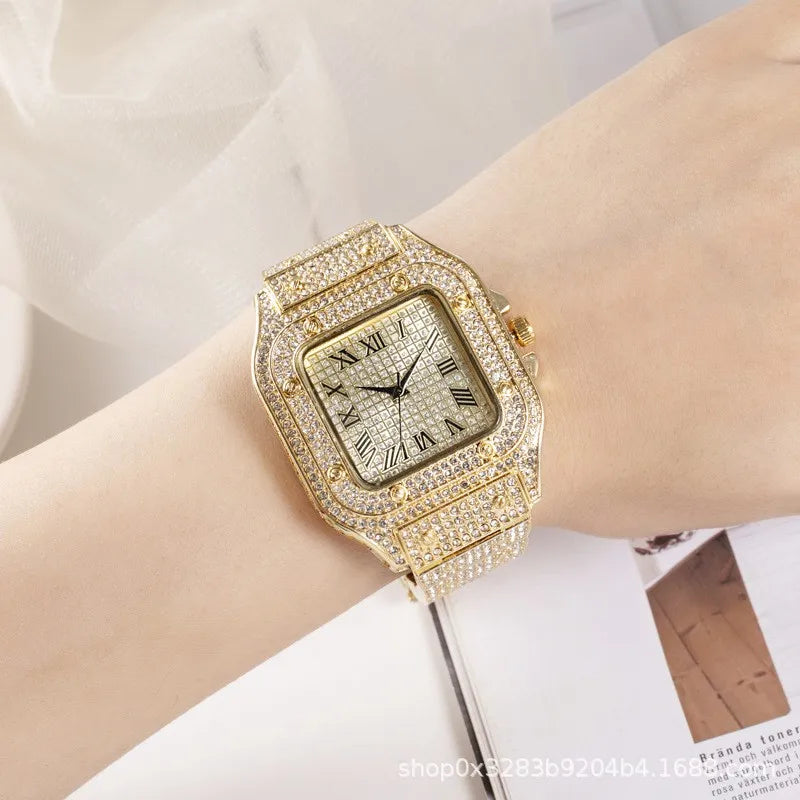 New Iced Out Women Men Watch Square Diamondd Black Numbers Quartz Luxury Hip Hop Wrist Watches Roman Clock Relogio Masculino