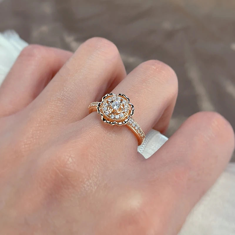 Kinel Hot 585 Rose Gold Rings Fashion Rose Flower Natural Zircon Ring For Women Crystal Gift Daily Fine Vintage Wedding Jewelry