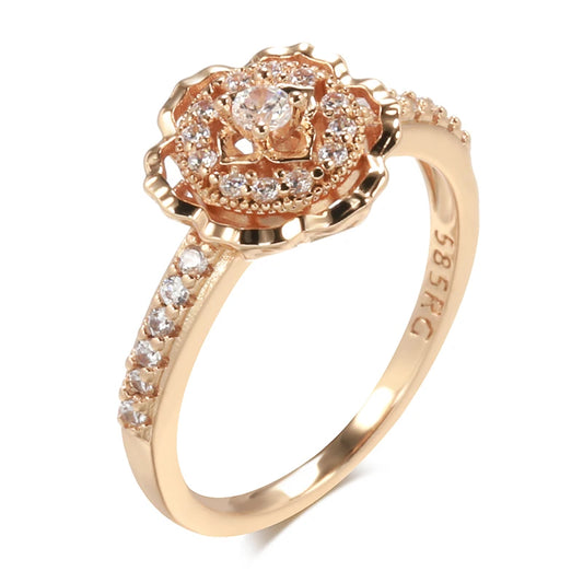 Kinel Hot 585 Rose Gold Rings Fashion Rose Flower Natural Zircon Ring For Women Crystal Gift Daily Fine Vintage Wedding Jewelry