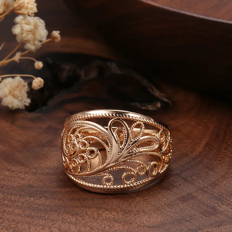 Kinel Hot Trendy Unique Women Rings 585 Rose Gold Hollow Pattern Romantic Wedding Rings Unusual Fashion Jewelry Party Gift