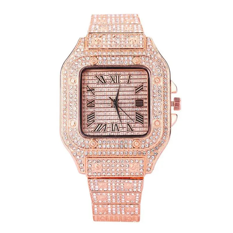 New Iced Out Women Men Watch Square Diamondd Black Numbers Quartz Luxury Hip Hop Wrist Watches Roman Clock Relogio Masculino