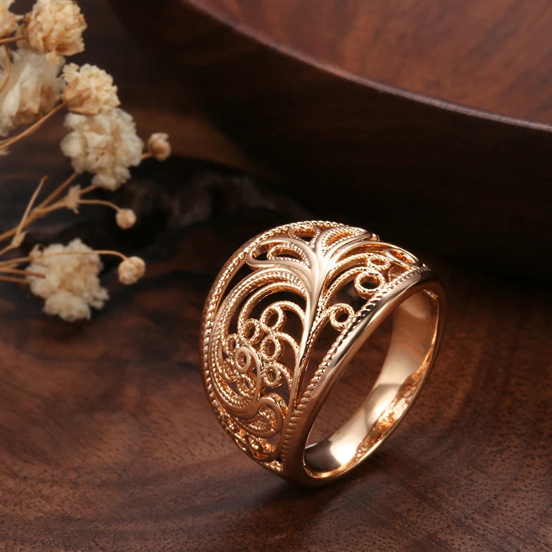 Kinel Hot Trendy Unique Women Rings 585 Rose Gold Hollow Pattern Romantic Wedding Rings Unusual Fashion Jewelry Party Gift