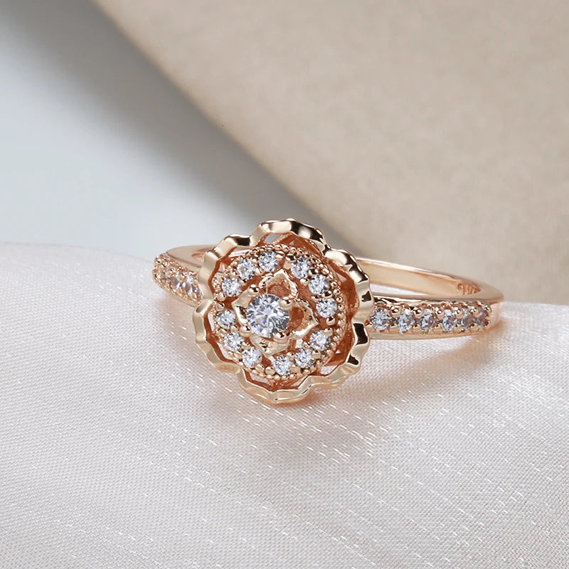 Kinel Hot 585 Rose Gold Rings Fashion Rose Flower Natural Zircon Ring For Women Crystal Gift Daily Fine Vintage Wedding Jewelry
