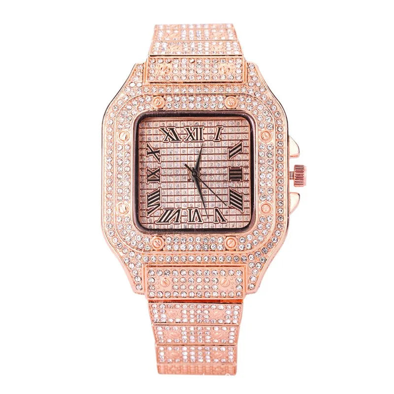 New Iced Out Women Men Watch Square Diamondd Black Numbers Quartz Luxury Hip Hop Wrist Watches Roman Clock Relogio Masculino