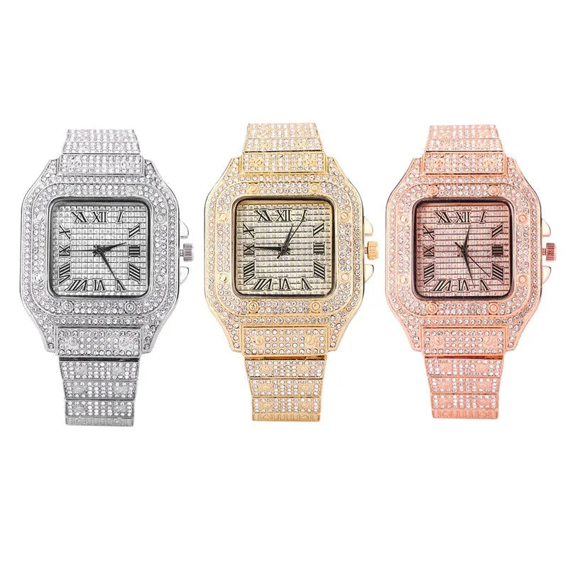 New Iced Out Women Men Watch Square Diamondd Black Numbers Quartz Luxury Hip Hop Wrist Watches Roman Clock Relogio Masculino