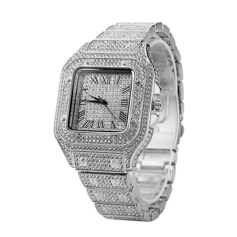 New Iced Out Women Men Watch Square Diamondd Black Numbers Quartz Luxury Hip Hop Wrist Watches Roman Clock Relogio Masculino