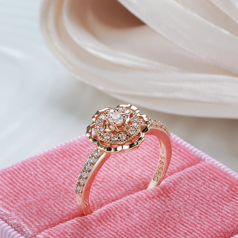 Kinel Hot 585 Rose Gold Rings Fashion Rose Flower Natural Zircon Ring For Women Crystal Gift Daily Fine Vintage Wedding Jewelry