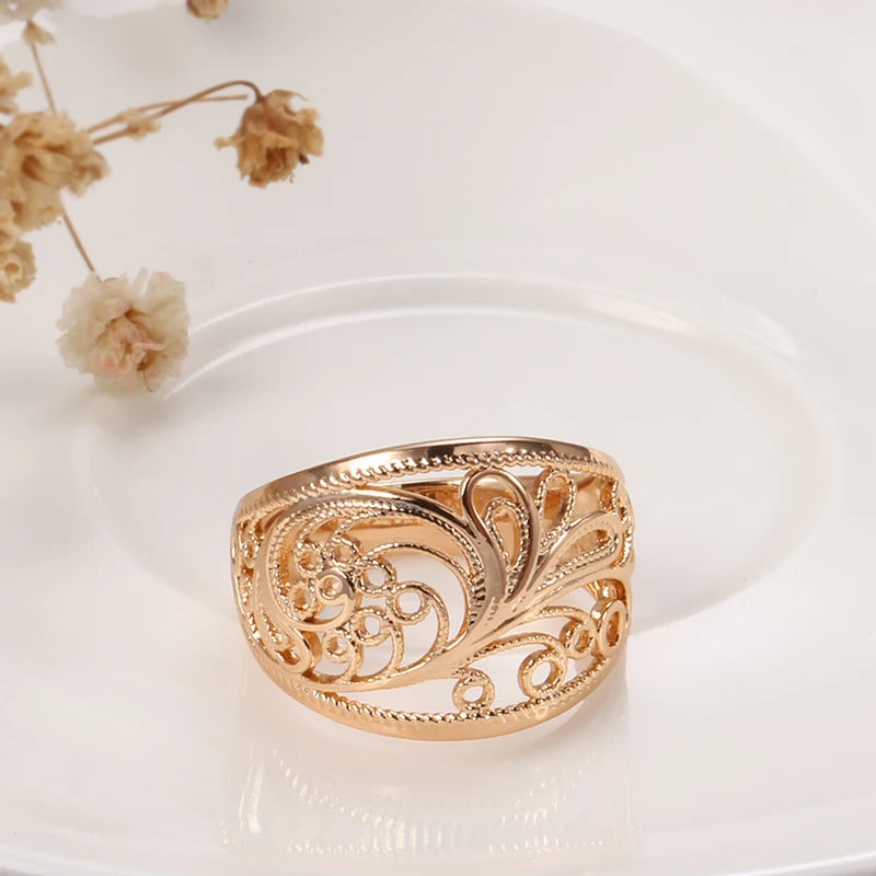 Kinel Hot Trendy Unique Women Rings 585 Rose Gold Hollow Pattern Romantic Wedding Rings Unusual Fashion Jewelry Party Gift