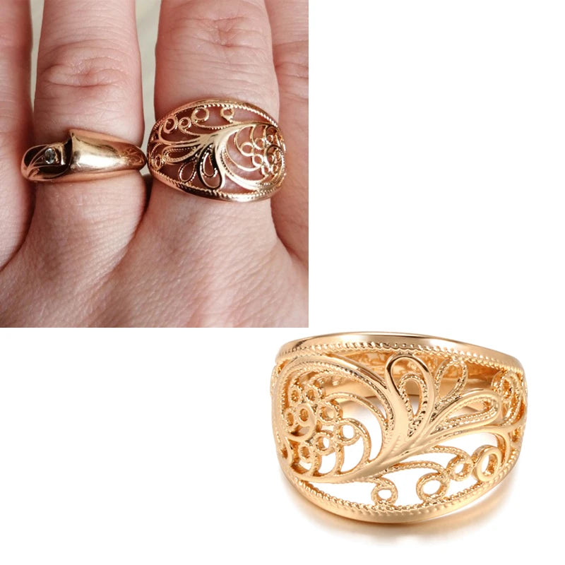 Kinel Hot Trendy Unique Women Rings 585 Rose Gold Hollow Pattern Romantic Wedding Rings Unusual Fashion Jewelry Party Gift