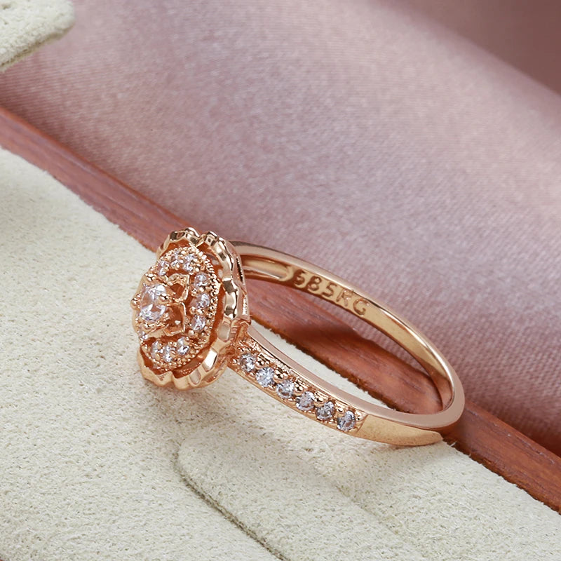 Kinel Hot 585 Rose Gold Rings Fashion Rose Flower Natural Zircon Ring For Women Crystal Gift Daily Fine Vintage Wedding Jewelry