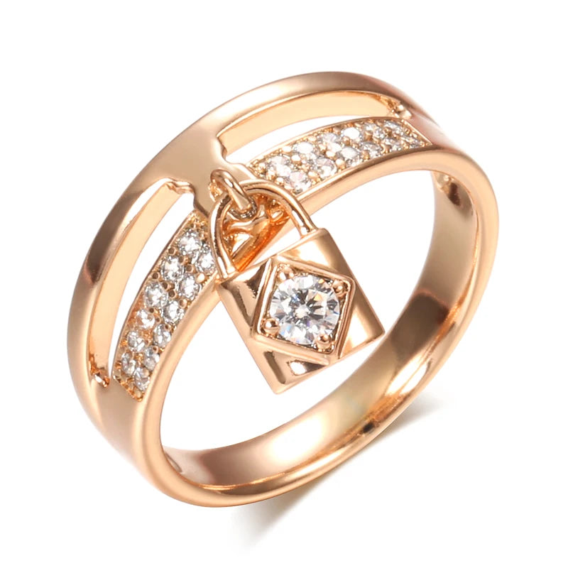 Wbmqda Fashion Metal Lock Pendant 585 Rose Gold Color Natural Zircon Ring For Women Holiday Party Personalized Jewelry Gifts