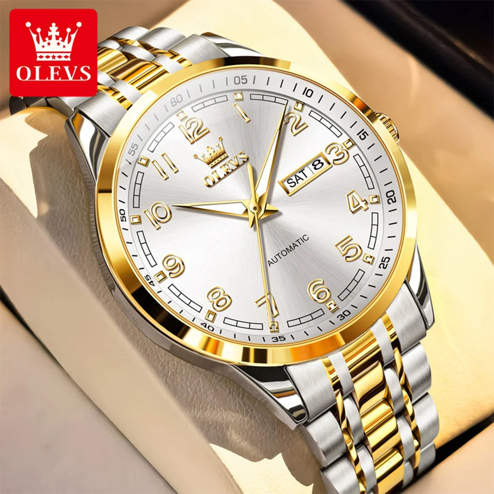 OLEVS 7077 Automatic Watch Man Original Mechanical Watch For Men Fashion Luxury Steel Strap Waterproof Dual Calendar Wristwatch