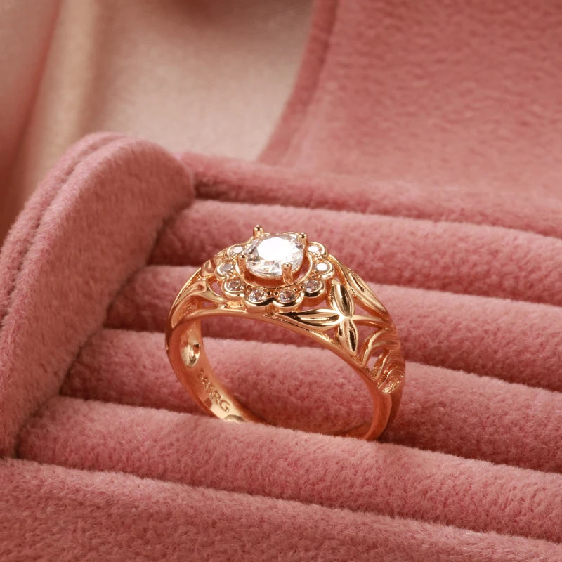 Elegant Hollow Unusual Flower Zircon Rings for Women 585 Rose Gold Color Fashion Jewelry Wedding Party Personality Rings