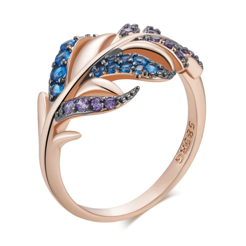 Kinel Hot Purple With Blue Natural Zircon Leaf Ring For Women Luxury 585 Rose Gold and Black Gold Plating Daily Fine Jewelry