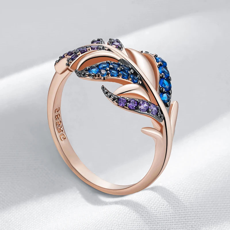 Kinel Hot Purple With Blue Natural Zircon Leaf Ring For Women Luxury 585 Rose Gold and Black Gold Plating Daily Fine Jewelry