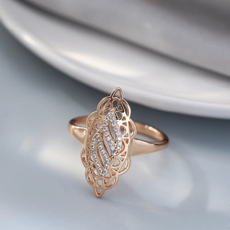 Kinel Hot Luxury 585 Rose Gold Women Ring Natural Zircon Hollow Flower Ethnic Bride Wedding Rings Trend Daily Vintage Jewelry