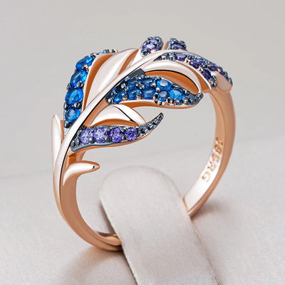 Kinel Hot Purple With Blue Natural Zircon Leaf Ring For Women Luxury 585 Rose Gold and Black Gold Plating Daily Fine Jewelry