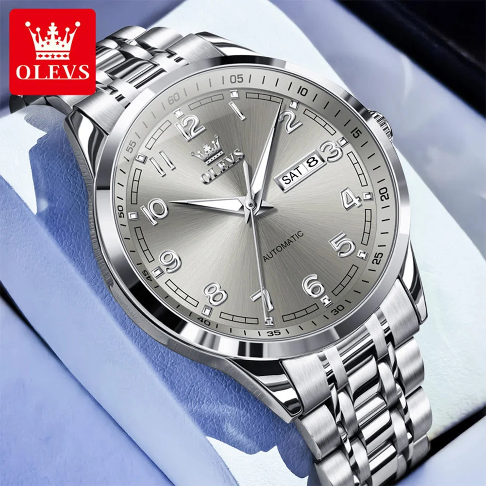 OLEVS 7077 Automatic Watch Man Original Mechanical Watch For Men Fashion Luxury Steel Strap Waterproof Dual Calendar Wristwatch
