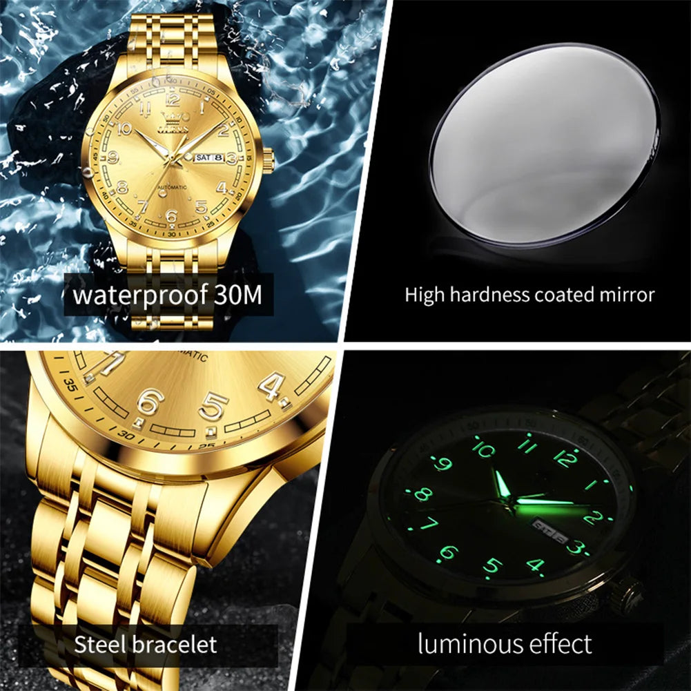 OLEVS 7077 Automatic Watch Man Original Mechanical Watch For Men Fashion Luxury Steel Strap Waterproof Dual Calendar Wristwatch