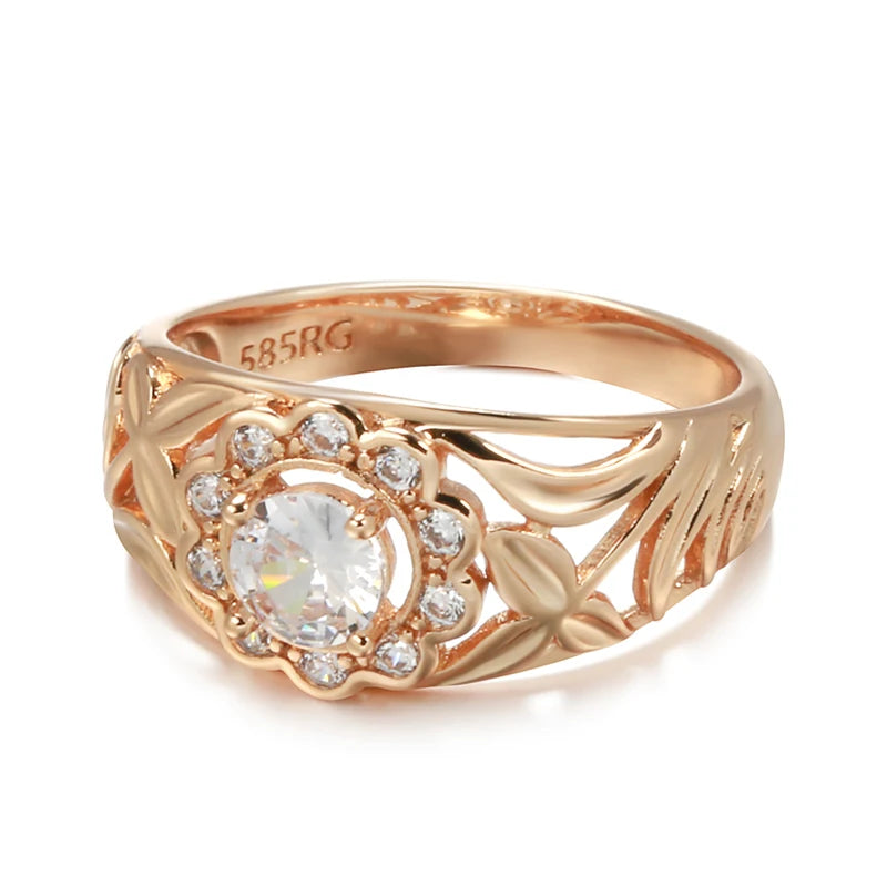 Elegant Hollow Unusual Flower Zircon Rings for Women 585 Rose Gold Color Fashion Jewelry Wedding Party Personality Rings