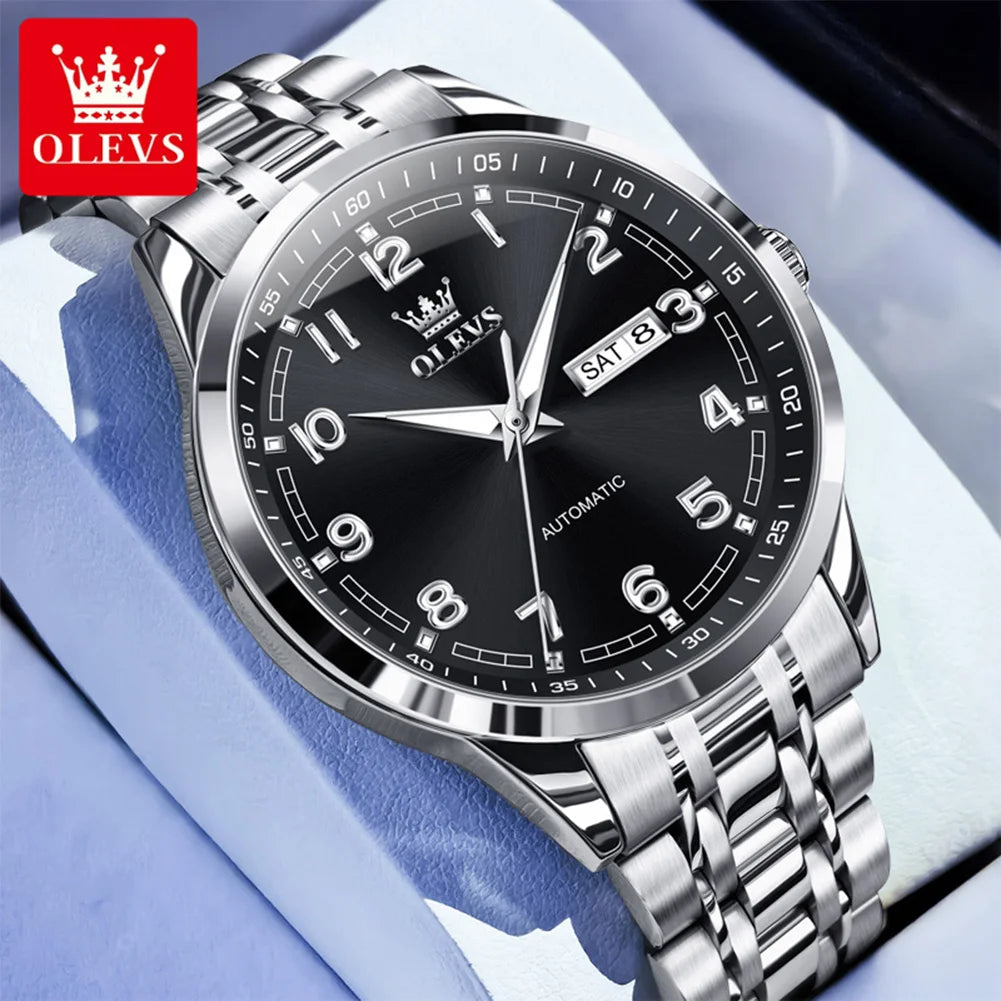 OLEVS 7077 Automatic Watch Man Original Mechanical Watch For Men Fashion Luxury Steel Strap Waterproof Dual Calendar Wristwatch