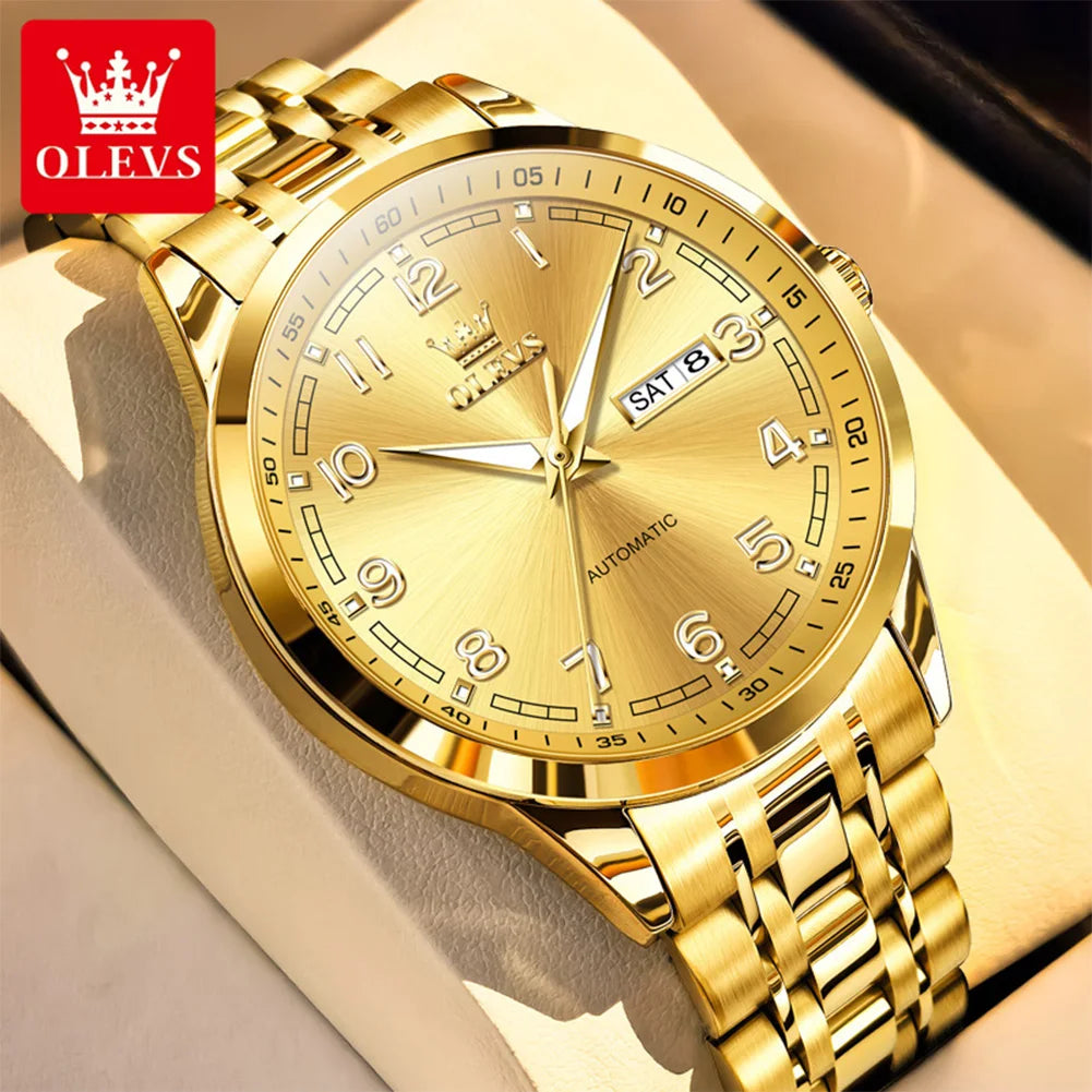OLEVS 7077 Automatic Watch Man Original Mechanical Watch For Men Fashion Luxury Steel Strap Waterproof Dual Calendar Wristwatch