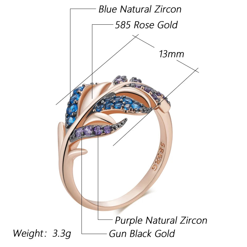 Kinel Hot Purple With Blue Natural Zircon Leaf Ring For Women Luxury 585 Rose Gold and Black Gold Plating Daily Fine Jewelry