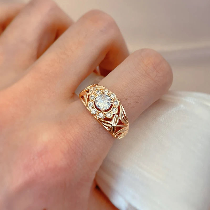 Elegant Hollow Unusual Flower Zircon Rings for Women 585 Rose Gold Color Fashion Jewelry Wedding Party Personality Rings