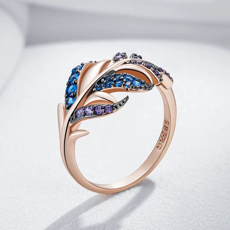 Kinel Hot Purple With Blue Natural Zircon Leaf Ring For Women Luxury 585 Rose Gold and Black Gold Plating Daily Fine Jewelry