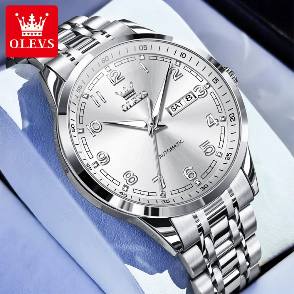 OLEVS 7077 Automatic Watch Man Original Mechanical Watch For Men Fashion Luxury Steel Strap Waterproof Dual Calendar Wristwatch