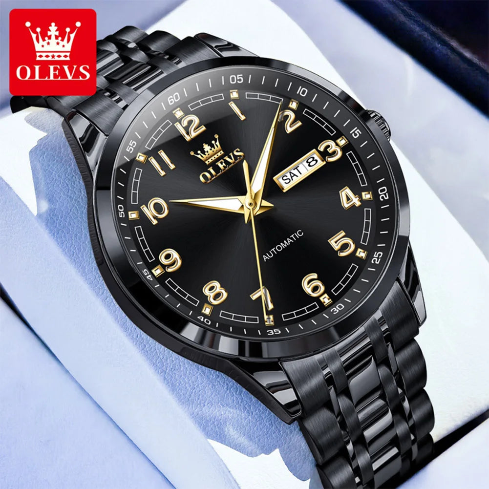 OLEVS 7077 Automatic Watch Man Original Mechanical Watch For Men Fashion Luxury Steel Strap Waterproof Dual Calendar Wristwatch