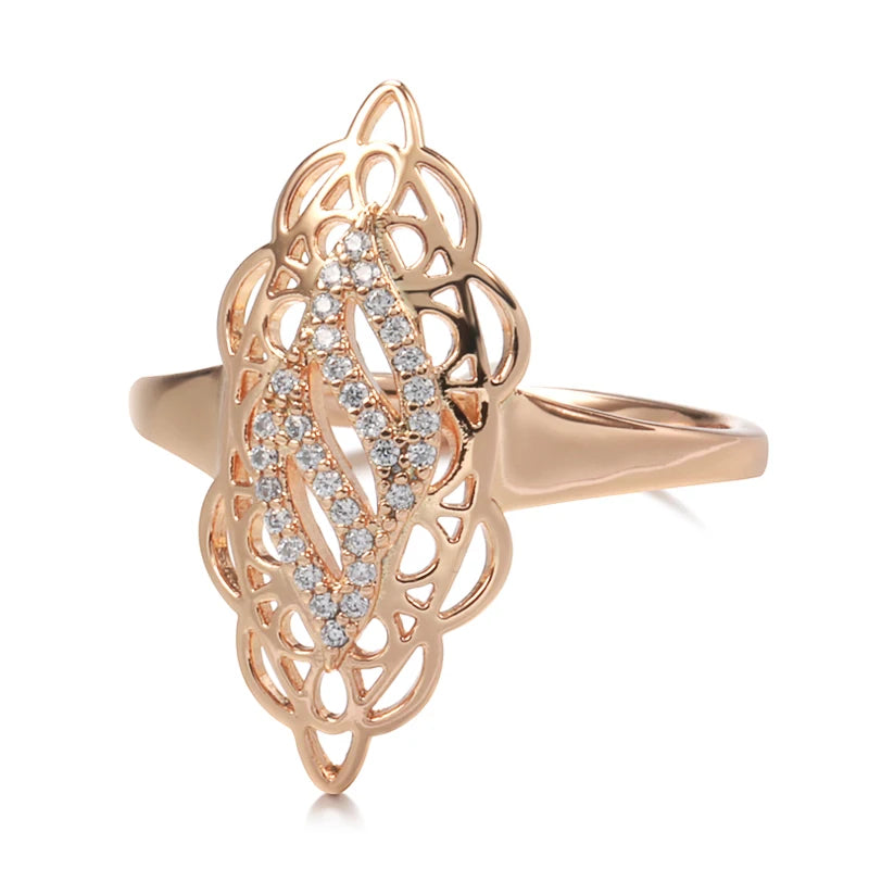 Kinel Hot Luxury 585 Rose Gold Women Ring Natural Zircon Hollow Flower Ethnic Bride Wedding Rings Trend Daily Vintage Jewelry