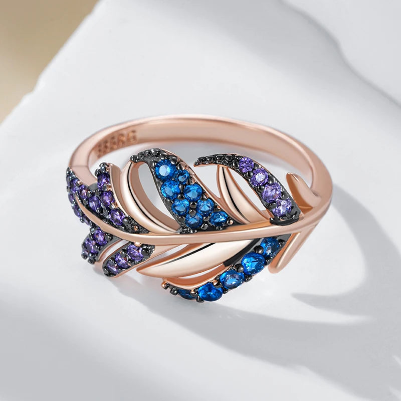 Kinel Hot Purple With Blue Natural Zircon Leaf Ring For Women Luxury 585 Rose Gold and Black Gold Plating Daily Fine Jewelry