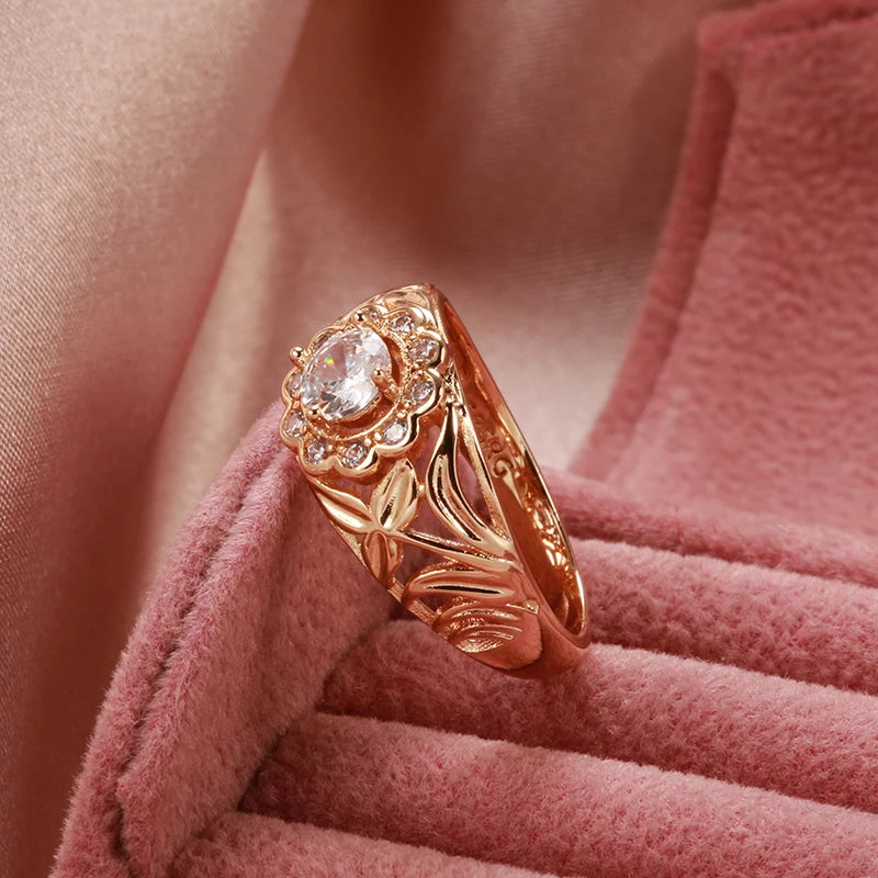 Elegant Hollow Unusual Flower Zircon Rings for Women 585 Rose Gold Color Fashion Jewelry Wedding Party Personality Rings