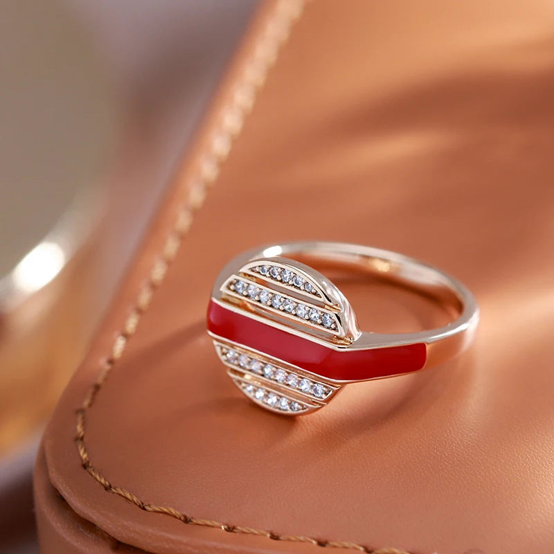 Kinel New Fashion 585 Rose Gold Color Red Enamel Rings For Women Girl Wedding Party Natural Zircon Fine Ring Daily Gift Jewelry