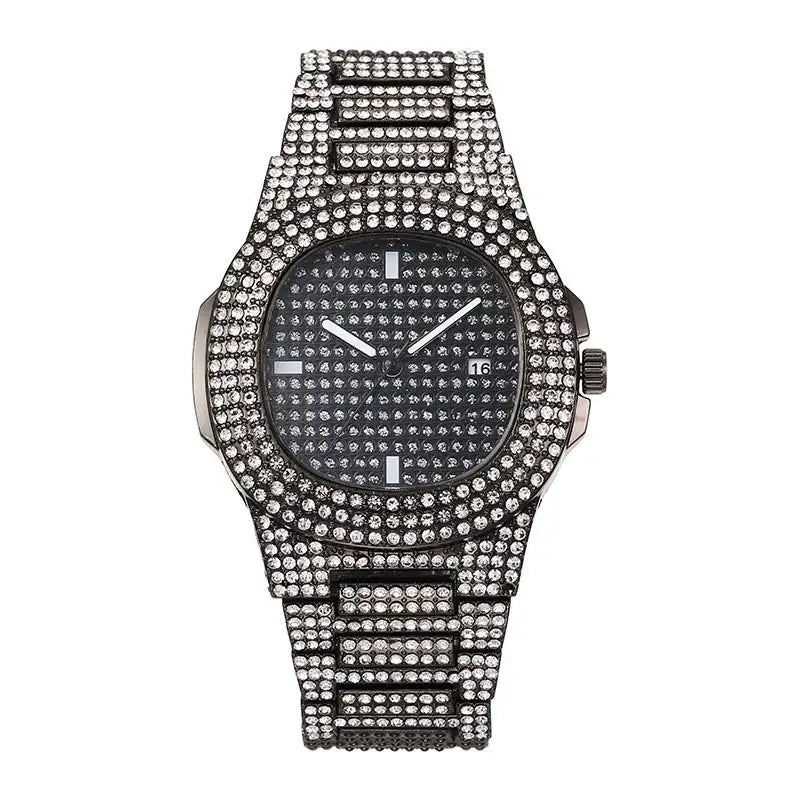 New Iced Out Women Men Watch Square Diamondd Black Numbers Quartz Luxury Hip Hop Wrist Watches Roman Clock Relogio Masculino